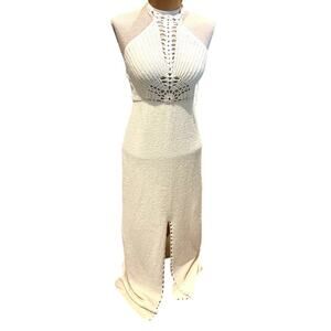 VINTAGE RARE Kingston Knits Womens Halter Maxi Dress 1970s 1960s White Summer